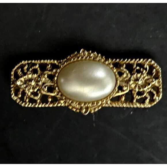 Vintage Bar Brooch Gold Tone Faux Pearl Stone Estate Piece 1.25" EUC - Picture 2 of 9